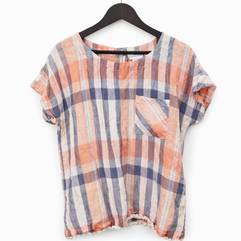 Liz Claiborne Peach Blue Checked Linen Blend Blouse Sz Med